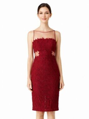 ML Monique Lhuillier Women's Red Aromatic Burgundy Illusion Cocktail Dress